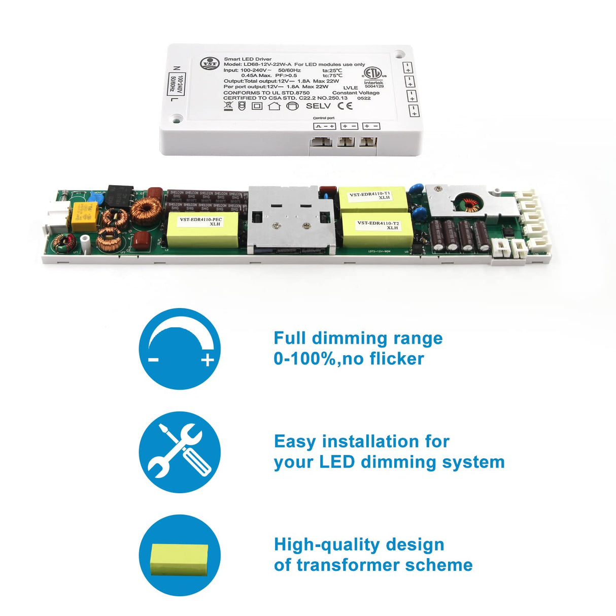 LD68-12V-22W-A Power Supply AC100-240V to 12V DC Converter Constant Voltage LED Power Supply JST Connector Port ETL-Certification, LED Driver for LED Strip Lights