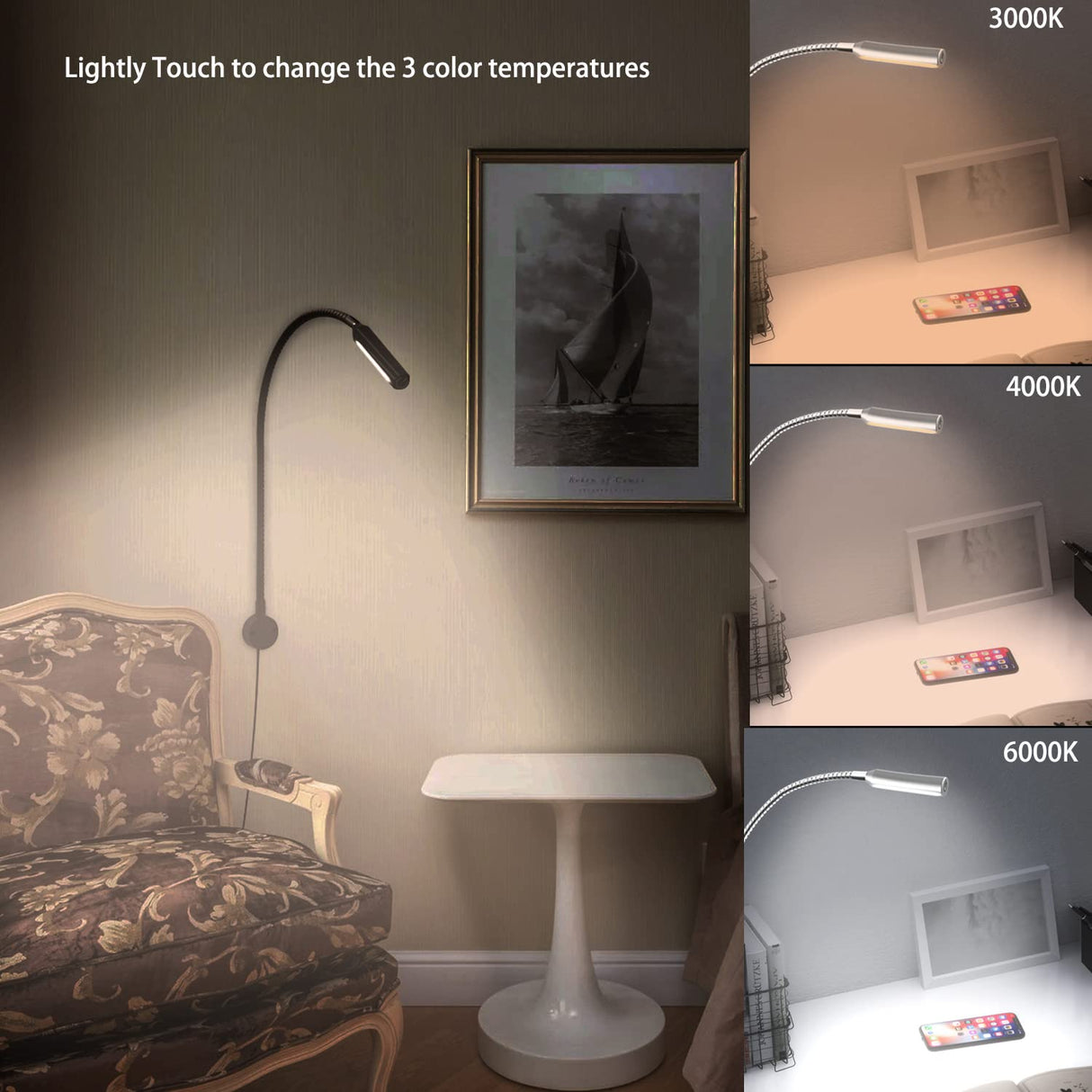 RL18 12V LED Reading Light, 14.1W with Adjustable CCT 2700K–6500K Wall Mounted Book Light with USB Charging Port for Bedrooms, Hotels