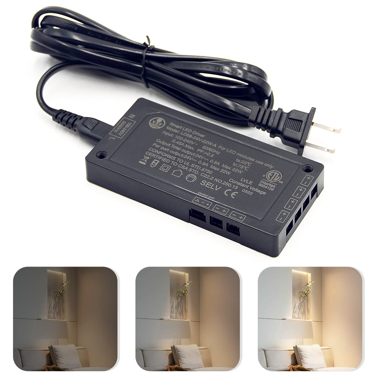 24V Black LED Driver, Dimmable,with 5.9ft Removable AC Cord & JST connecter Port