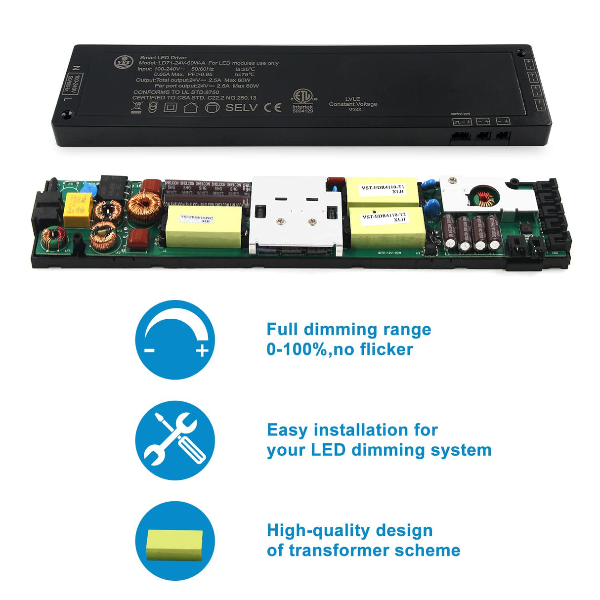 LD71 24V 60W Power Supply Converter Constant Voltage LED Power Supply JST Connector Port, LED Driver for LED Strip Lights