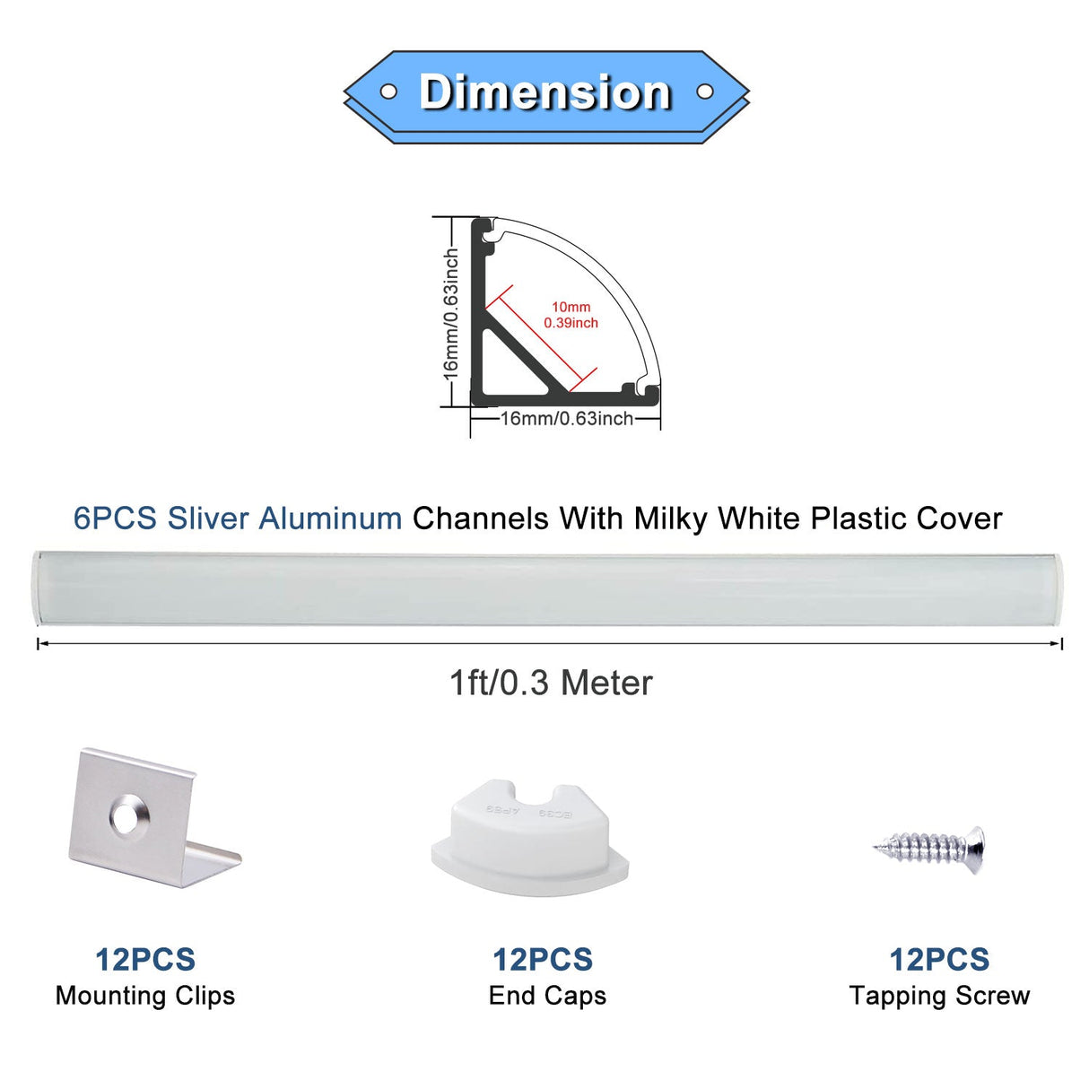 AP59 Silver LED Aluminum Channel With Milky PC Cover 6 Pcs for LED Strip Lights