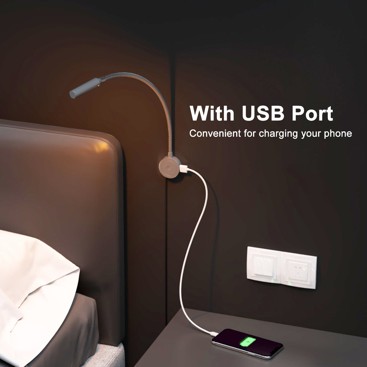 RL18 12V LED Reading Light, 14.1W with Adjustable CCT 2700K–6500K Wall Mounted Book Light with USB Charging Port for Offices, Dormitories(2 Packs)