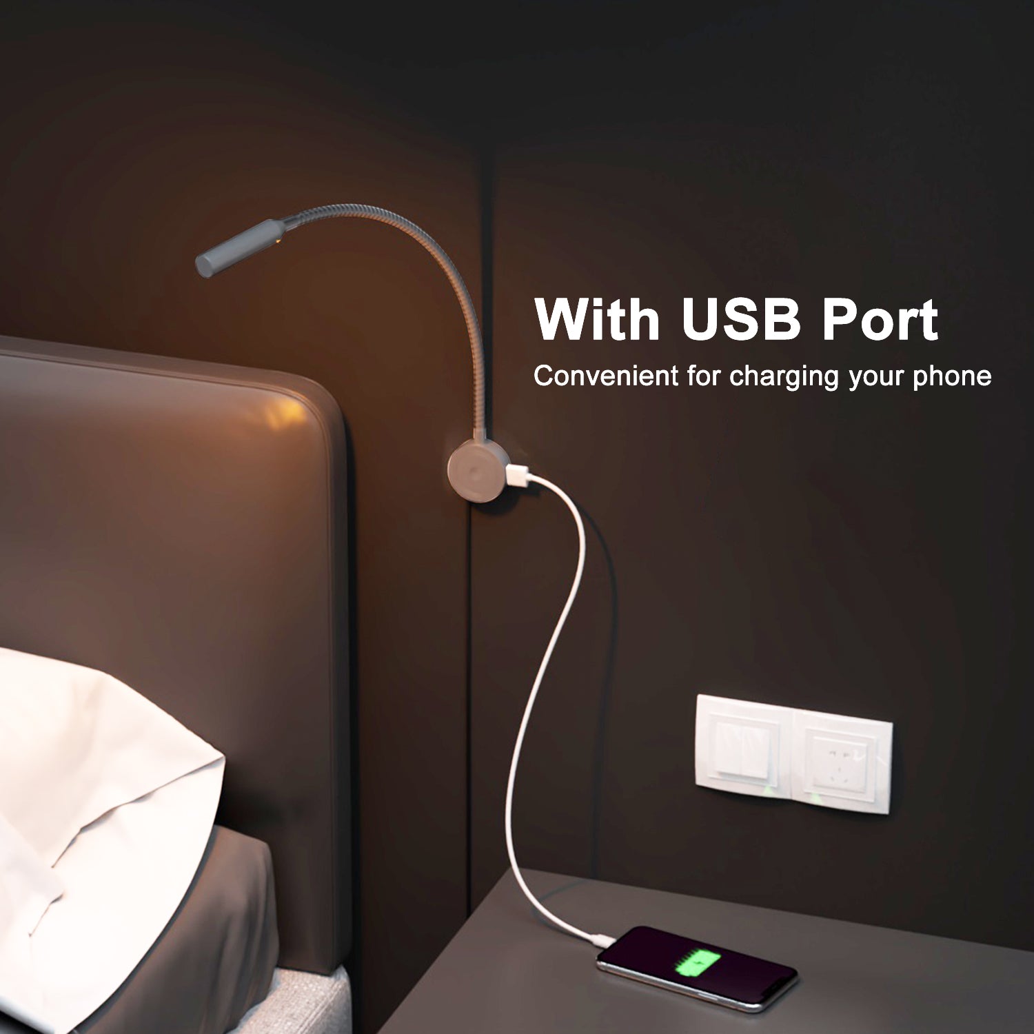 RL18 12V LED Reading Light, 14.1W with Adjustable CCT 2700K–6500K Wall Mounted Book Light with USB Charging Port for Offices, Dormitories(2 Packs)