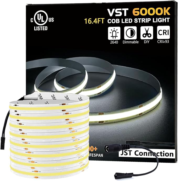 FB17 24V 48W COB Strip Lights 6000K 16.4ft Cuttable LED Strip Light with 2640 LEDs, Ra 93+ for Cabinets UL Listed