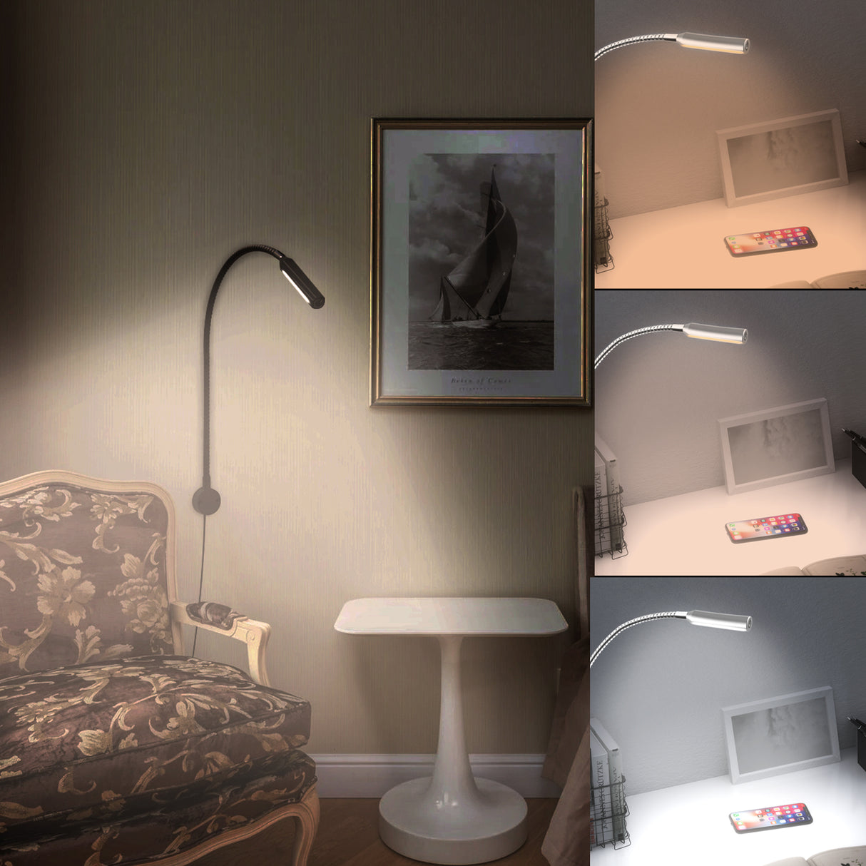 RL18 12V LED Reading Light, 14.1W with Adjustable CCT 2700K–6500K Wall Mounted Book Light with USB Charging Port for Offices, Dormitories(2 Packs)