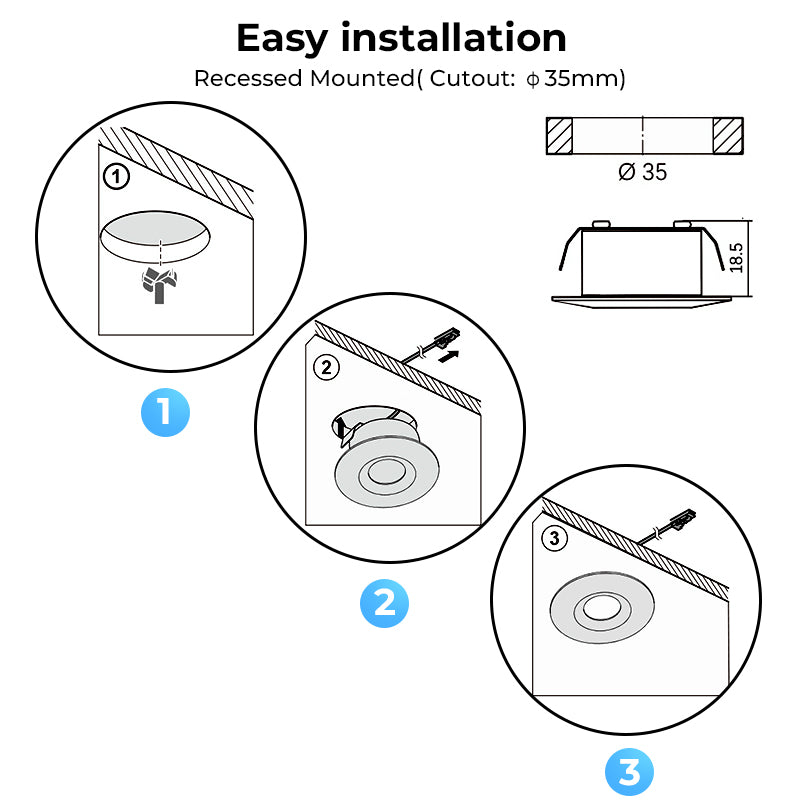 CB15 12V 1.5W 6000K Mini LED Puck Light Recessed Mounted for Display Cabinet Kitchen & Living Room