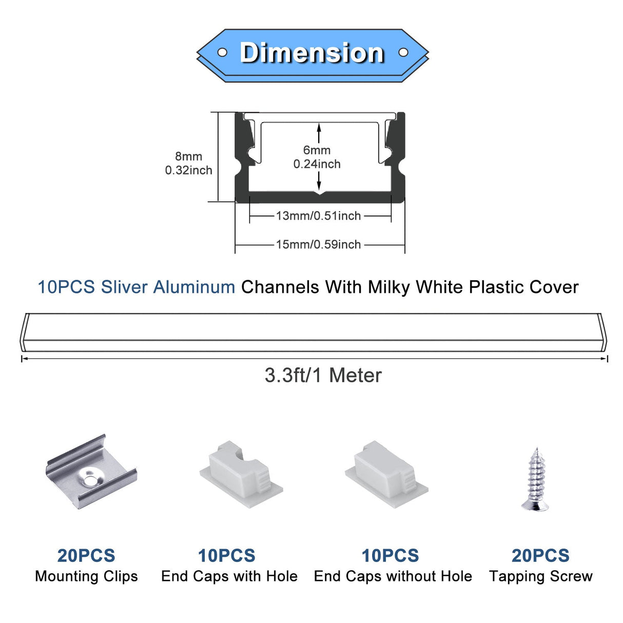AP46 Black Aluminum U Shape Channel with Smoky Transparent Clear Cover 10 pcs for LED Strip Lights