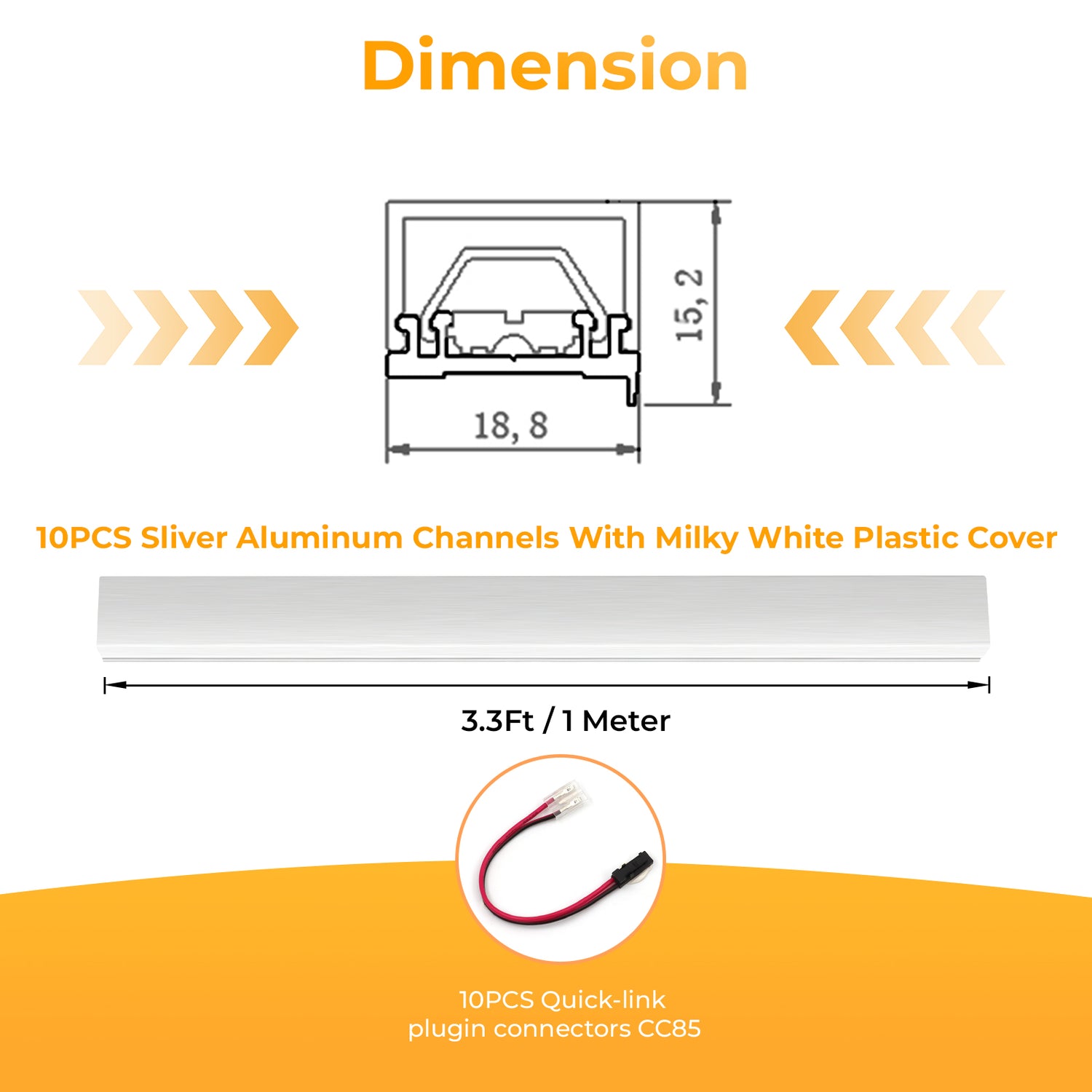 APC6 LED Aluminum Profile 10 Packs 3.3ft With Milky PC Covers and 10 Quick-Link Plugin Connectors for Mini Cut/Free Cut 8mm PCB Width LED Strip Light Cabinet Lighting