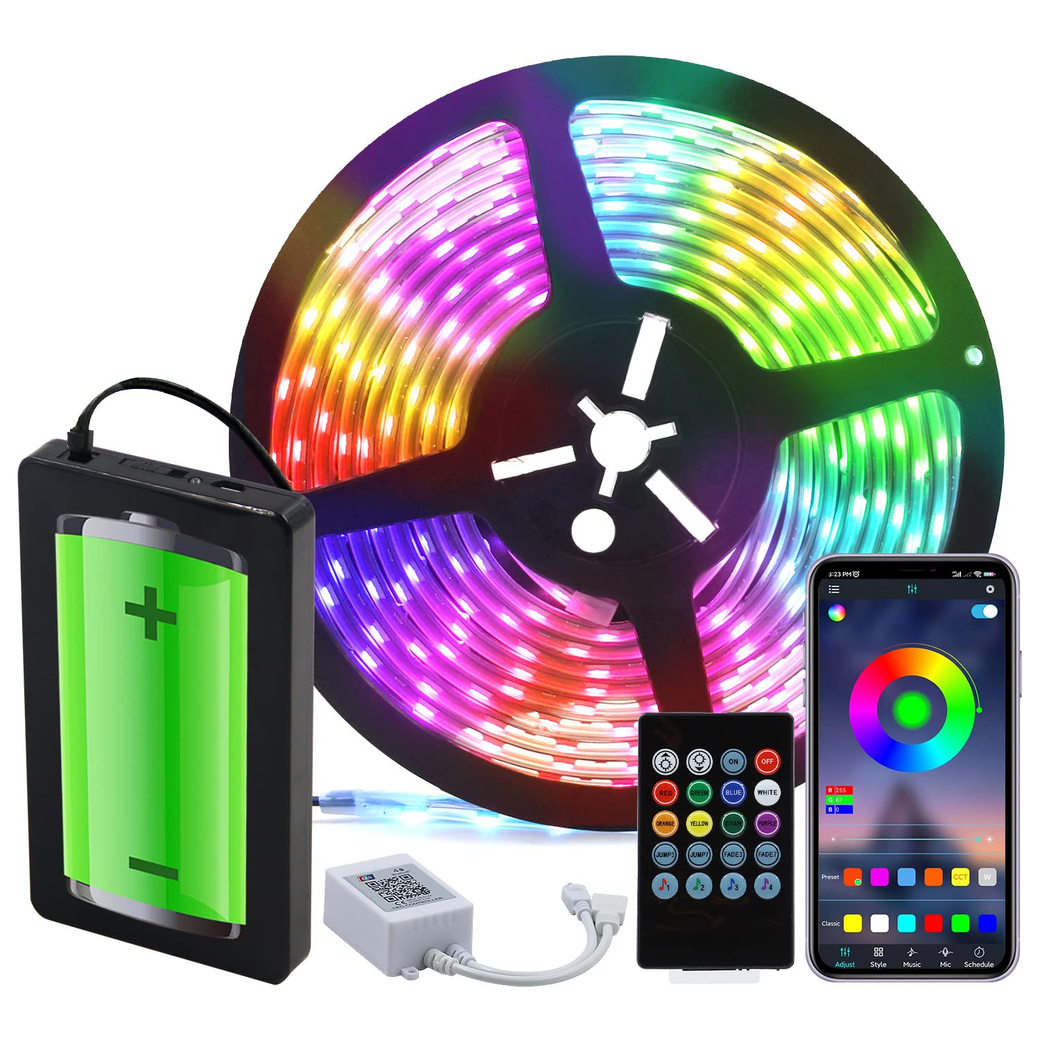 FSA6 12V RGB Strip Light (9.8ft) with Rechargeable Power Bank, Smart APP Control, Music Sync & Color Changing, IP65 Waterproof for Indoor & Outdoor Use