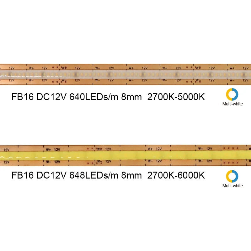 FB16 8mm Cuttable COB LED Strip Light 12V 9.6W/m UL Listed LED Strips with Tunable CCT 2700K–6500K CRI 90+ for Cabinet and Living Room