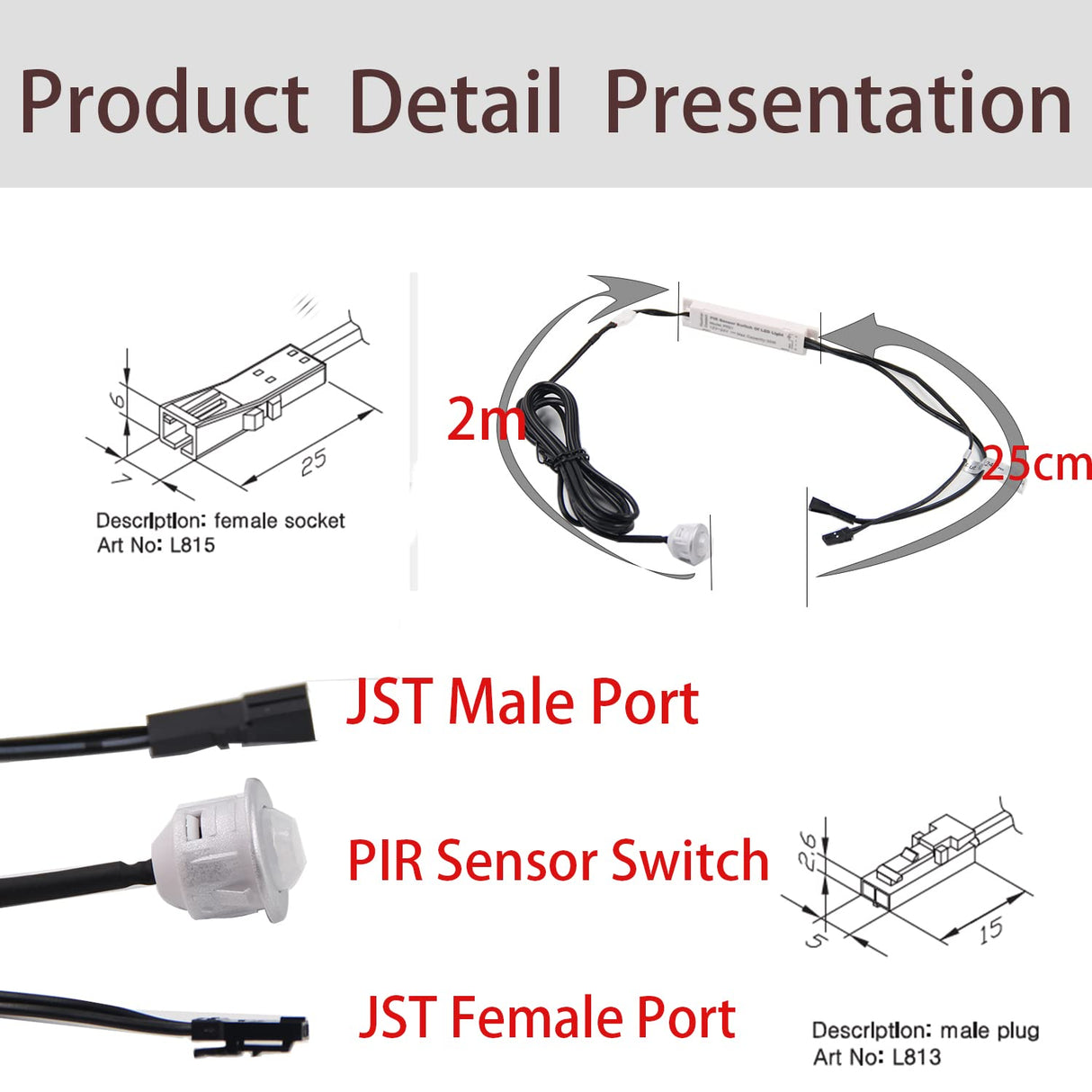 PR01 Motion Sensor Light Switch, IR Sensor Switch, LED Light Automatic Switch Door Switch for Closet Light Under Cabinets Counters Closets Wardrobes with 12V JST Male and Female (DC 12-24V)