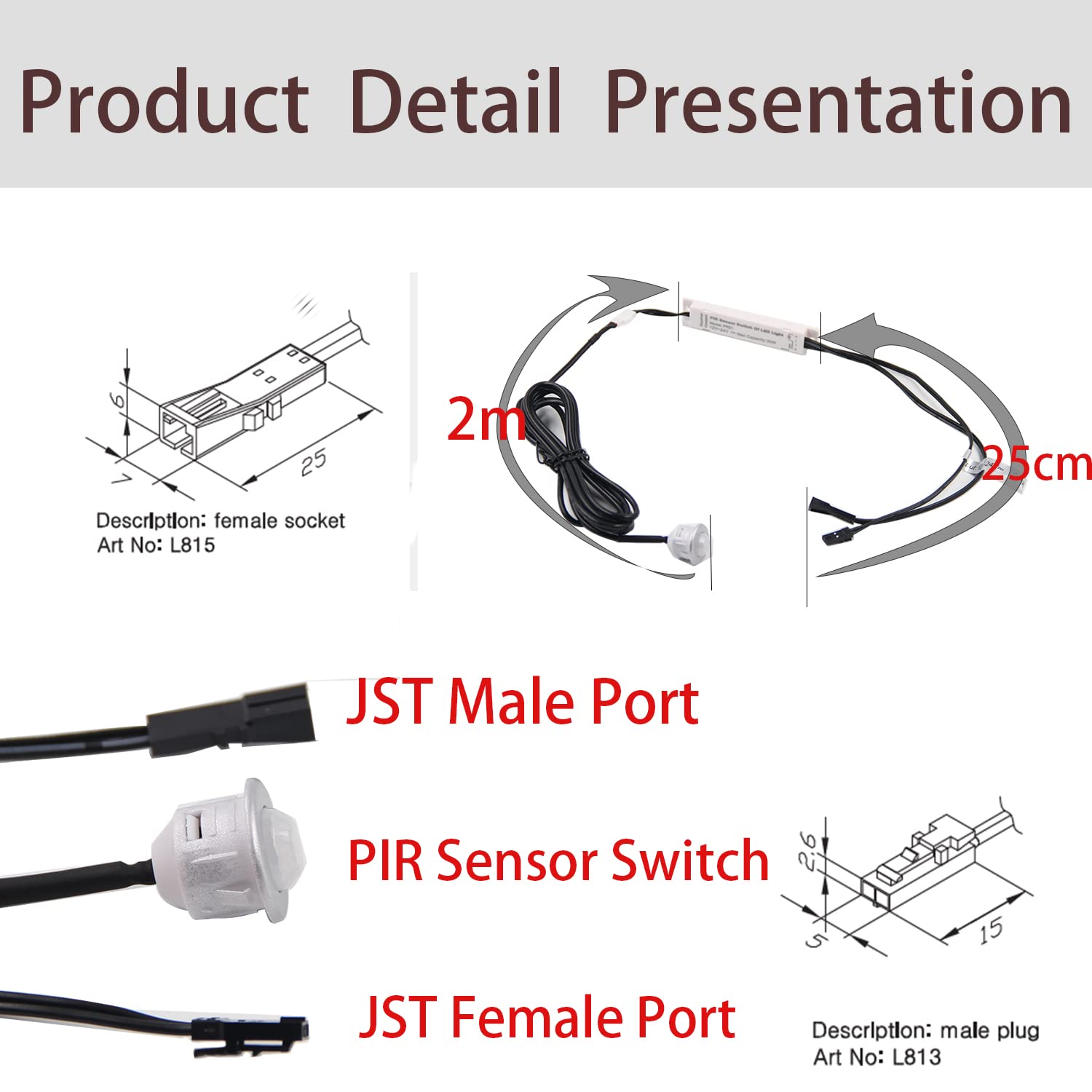PR01 Motion Sensor Light Switch, IR Sensor Switch, LED Light Automatic Switch Door Switch for Closet Light Under Cabinets Counters Closets Wardrobes with 12V JST Male and Female (DC 12-24V)
