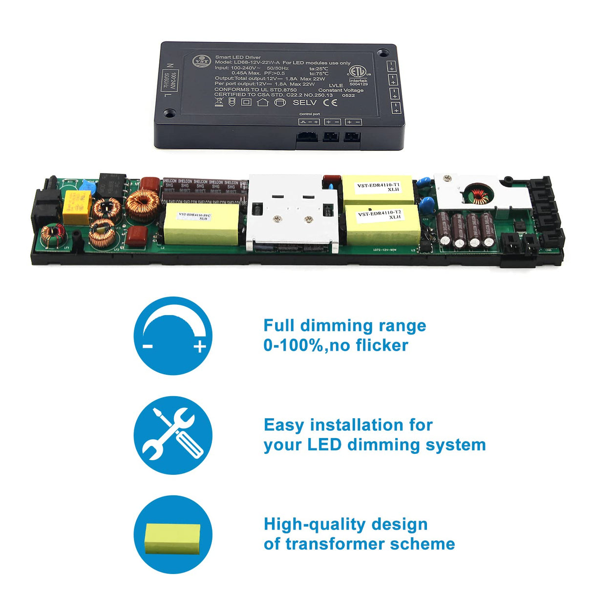 LD68 12V 22W Power Supply AC100-240V to 12V DC Converter Constant Voltage LED Power Supply JST Connector Port ETL-Certification, LED Driver for LED Strip Lights