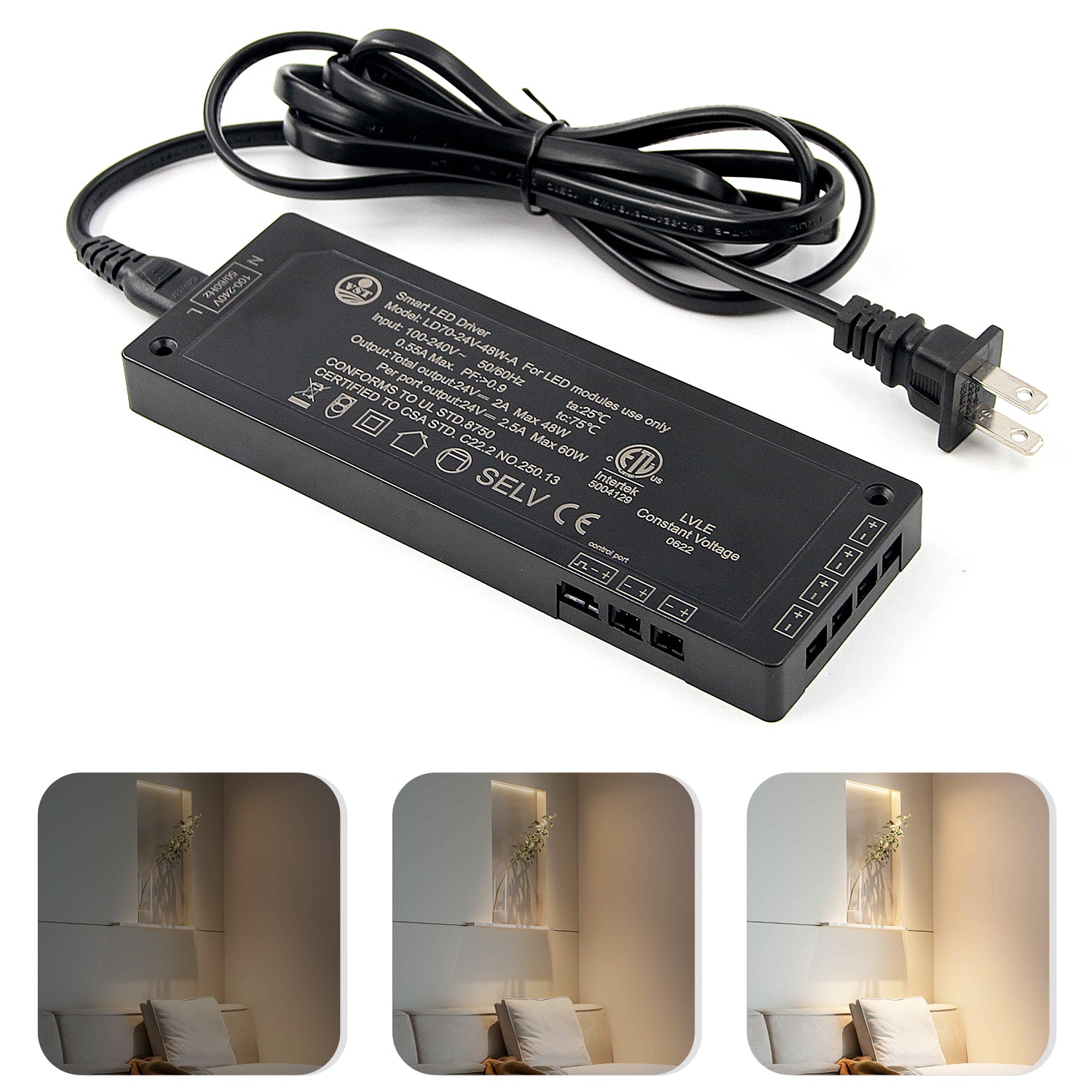 LD70 24V 48W Power Supply Converter Constant Voltage LED Power Supply JST Connector Port, LED Driver for LED Strip Lights