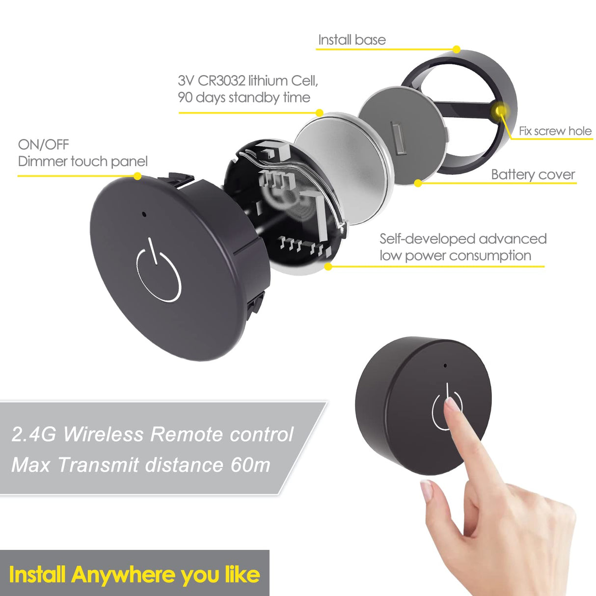 PL06 12V 3W Ultra Thin Surface Mounted Puck Light 4000K with Wireless Sensor Switch for Kitchen Living Room and Undercabinet