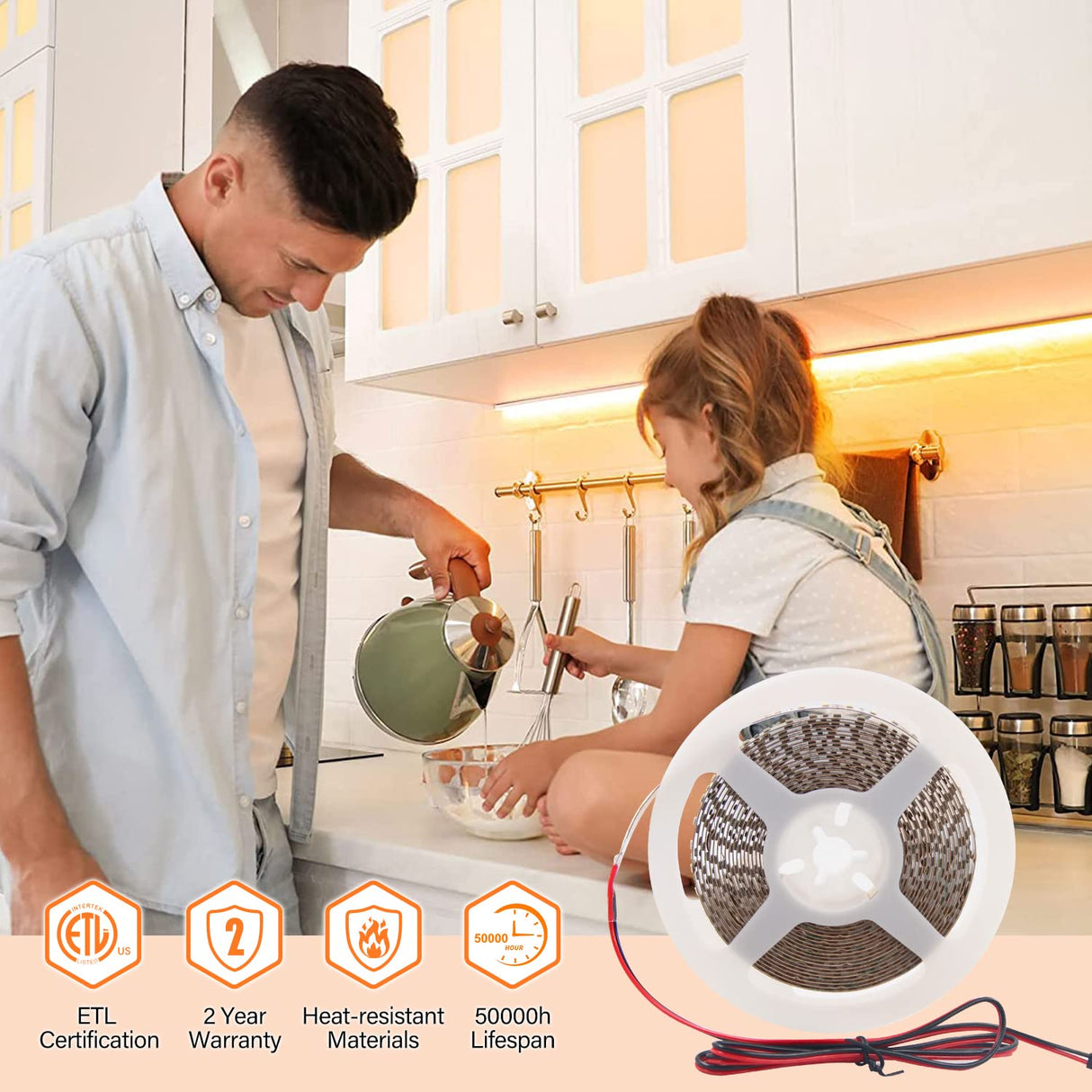 FS31 10mm LED Strip Light 12V 9.6W/m 3000K ETL Listed CRI 90+ with Soft Even Light for Kitchen and Stairs (White)
