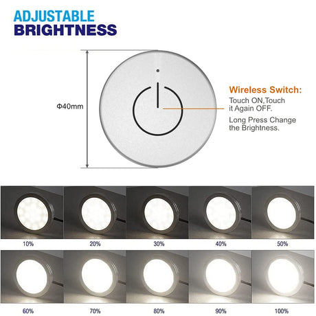 Illuminate your cabinets with our Under Counter Puck Lights ETL Listed, High Quality  12V 2W/pc Wiring Puck Light with Wireless Dimmer Switch for Kitchen,Wardrobe, Showcase Display 3 Pack White 4000K. It features a delicate appearance and soft, uniform light without bright spots. With multiple control options and easy installation, our ETL-certified lighting fixtures come with a 2-year warranty.