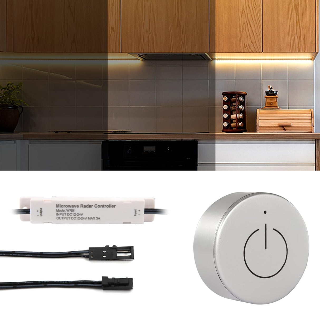TS14 DC12V/24V Wireless Dimmer and WiFi 2.4G Receiver Kit with 2pin JST port connector , Recessed Mounted 1m JST Ports Controller for LED Lights in Under Cabinet Counters, Closets and Wardrobes