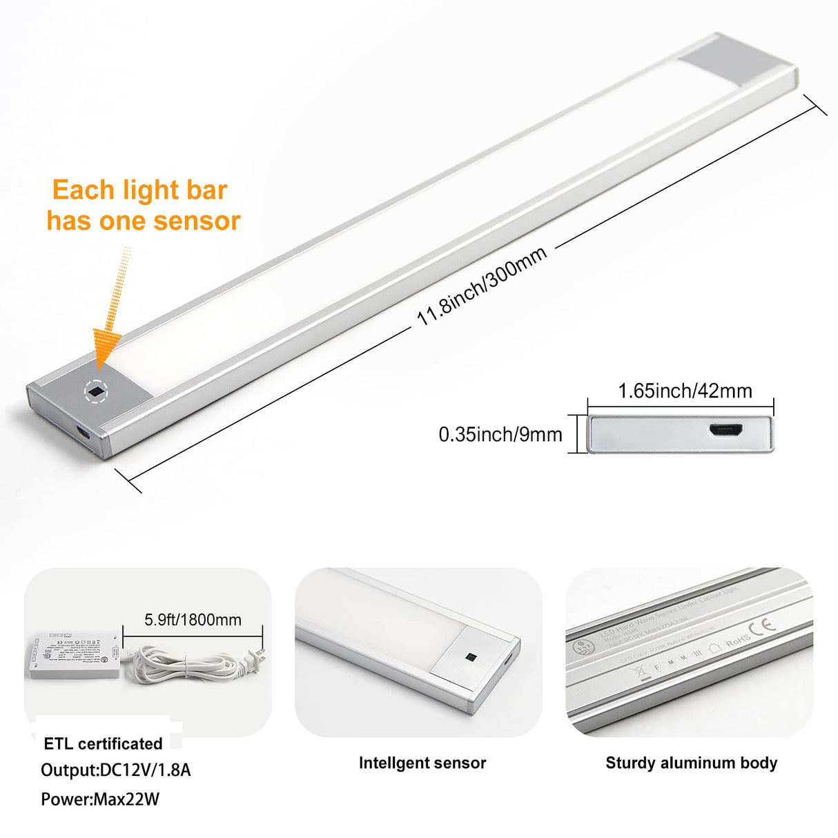 HS46 Motion Sensor Light Indoor, Under Cabinet Lights Plug in, Closet Lights, Stepless Dimming, Hand Wave Activated for Kitchen Shelf Cupboard Closet Workbench (12 in 4000K)