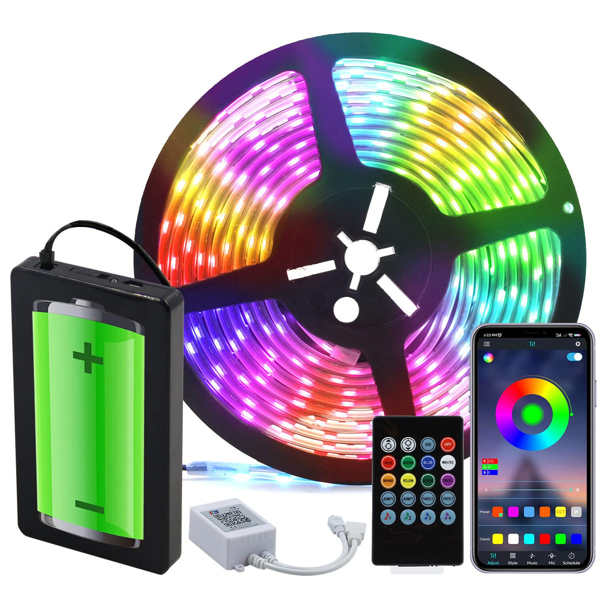 FSA6 12V RGB Strip Light (9.8ft) with Rechargeable Power Bank, Smart APP Control, Music Sync & Color Changing, IP65 Waterproof for Indoor & Outdoor Use