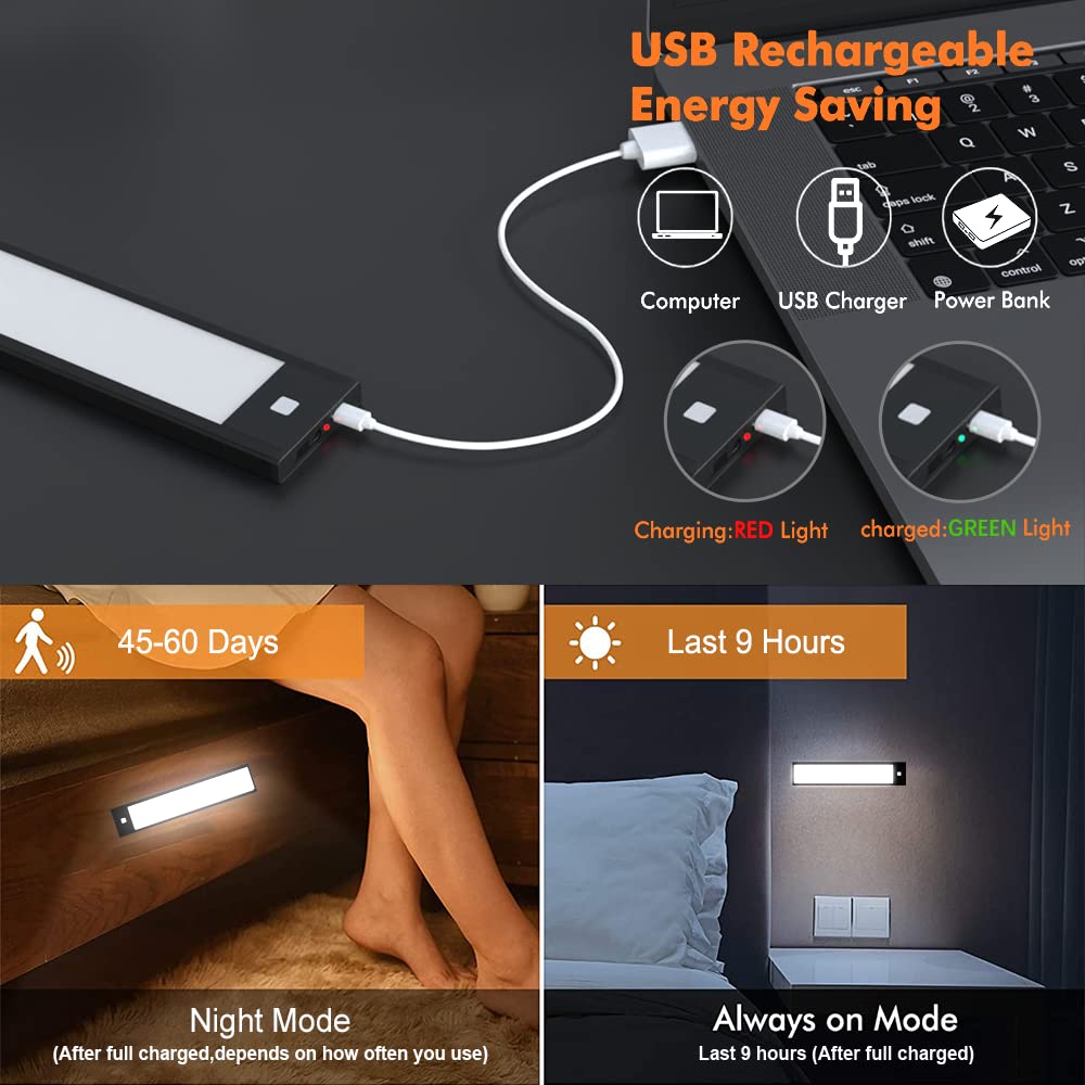 BT09 300mm LED Motion Sensor Light 4000K Natural White 3.7V 1W Silver Black for Hallways Stairs & Bookshelves