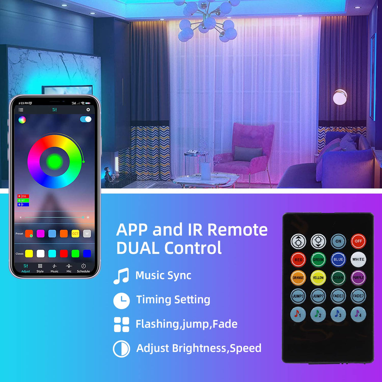 FSA6 12V RGB Strip Light (9.8ft) with Rechargeable Power Bank, Smart APP Control, Music Sync & Color Changing, IP65 Waterproof for Indoor & Outdoor Use