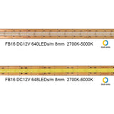 FB16 8mm Cuttable COB LED Strip Light 12V 9.6W/m UL Listed LED Strips with Tunable CCT 2700K–6500K CRI 90+ for Cabinet and Living Room