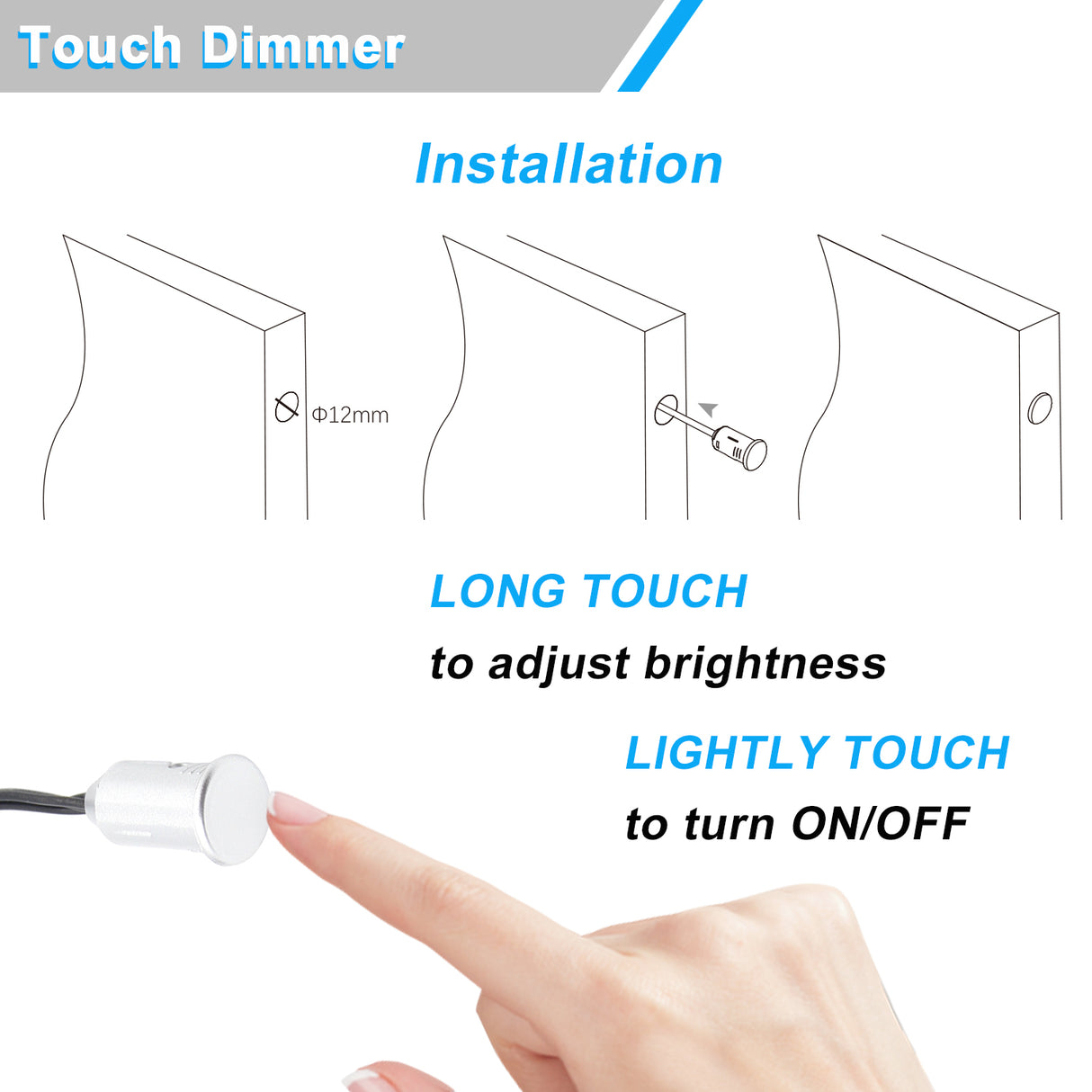 TS01 Touch Sensor Switch – Recessed Mounted, Brightness Adjustable, for Kitchen Cabinets & Closets