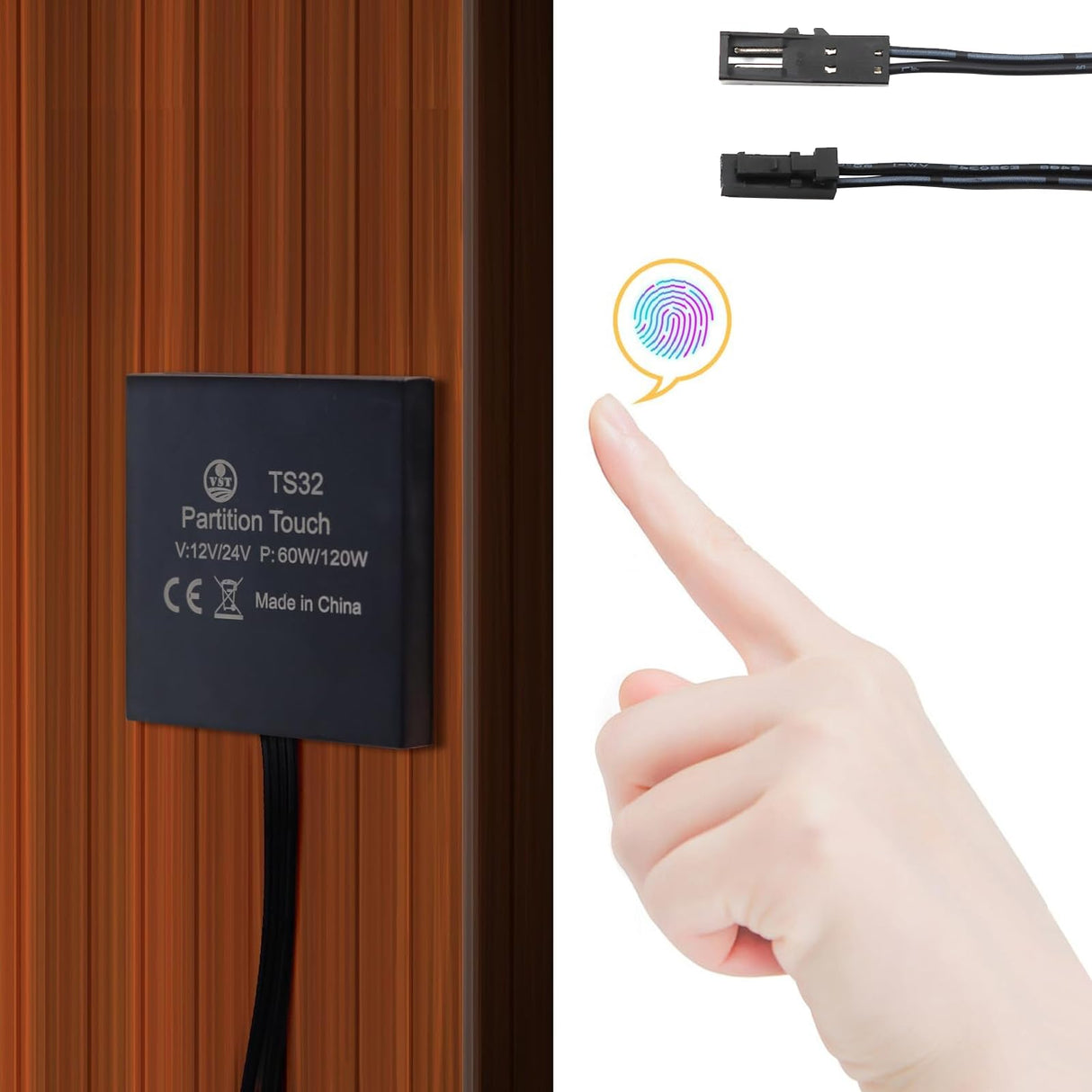TS32 Dimmer Light Switch, Concealed Touch Dimmer Switch for Smart Home LED Lights, Penetrable Wood Stone Glass and Nonmetalic Material No Drilling Hole with JST Male and Female Ports (DC 12V 5A)