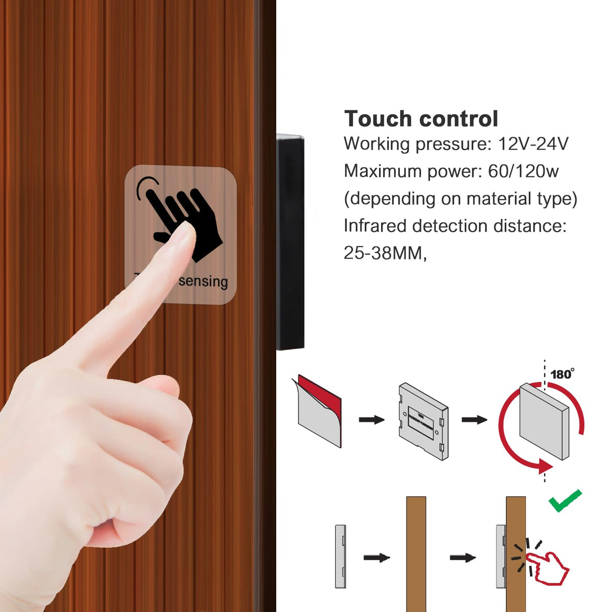 TS32 Dimmer Light Switch, Concealed Touch Dimmer Switch for Smart Home LED Lights, Penetrable Wood Stone Glass and Nonmetalic Material No Drilling Hole with JST Male and Female Ports (DC 12V 5A)