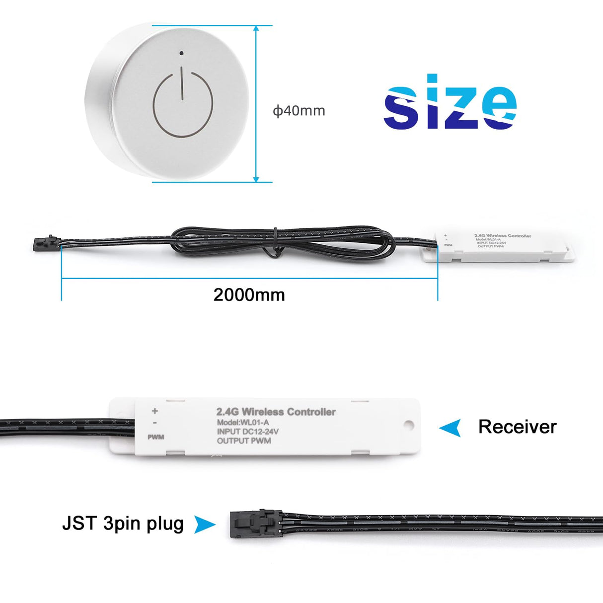 TS14 DC 12V/24V Wireless Dimmer & WiFi 2.4G Receiver Kit with 3-Pin Male Connector – Master Control for LED Lights in Cabinets, Closets, Wardrobes (Recessed or Surface Mounted)